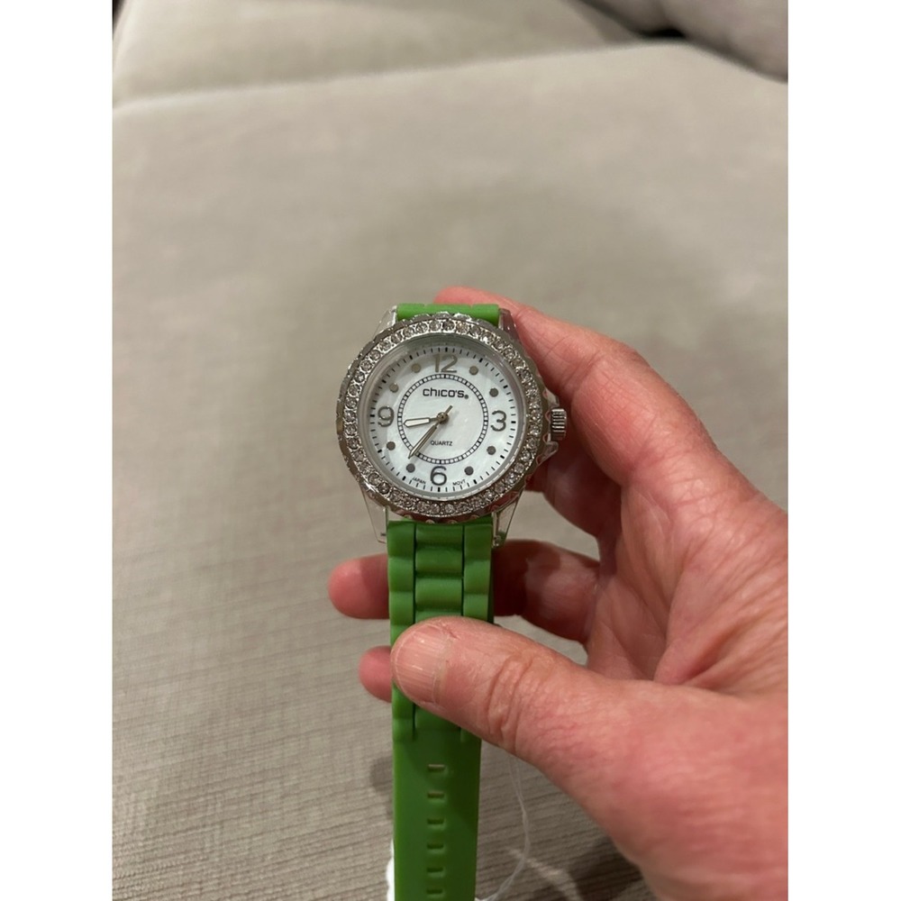 Chico's Silver Crystal Bezel Watch with Lime Green Silicone Strap